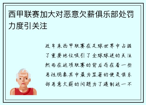 西甲联赛加大对恶意欠薪俱乐部处罚力度引关注 西甲联赛加大对恶意欠薪俱乐部处罚力度引关注