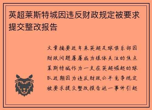 英超莱斯特城因违反财政规定被要求提交整改报告 英超莱斯特城因违反财政规定被要求提交整改报告