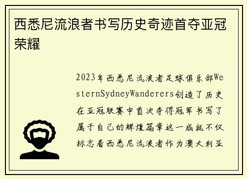 西悉尼流浪者书写历史奇迹首夺亚冠荣耀 西悉尼流浪者书写历史奇迹首夺亚冠荣耀